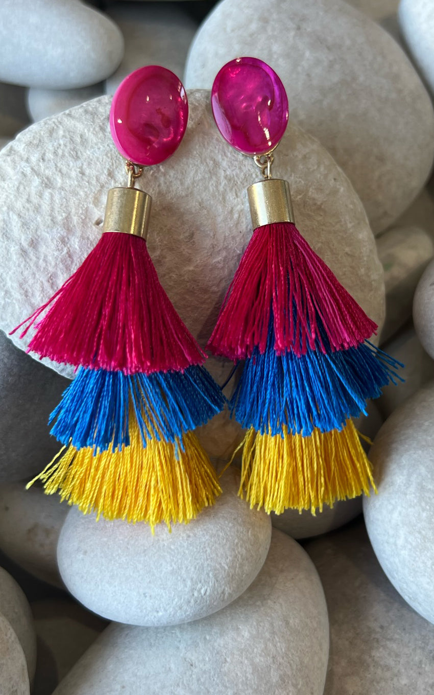 TASSLE: 3-Tier Tassel Earrings in Multi Magenta